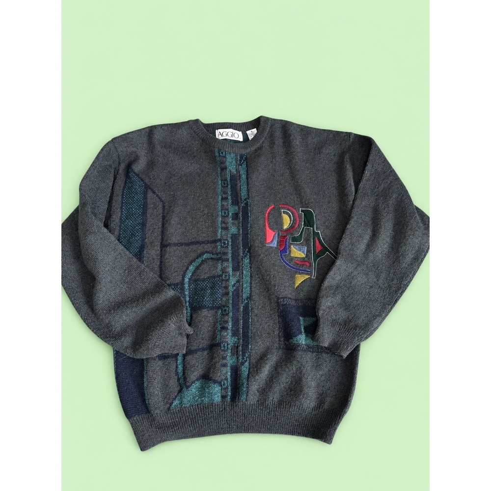 Aggio Sweater Mens M Vintage 3D Abstract Geometric Wool Gray Retro 90s Art Deco